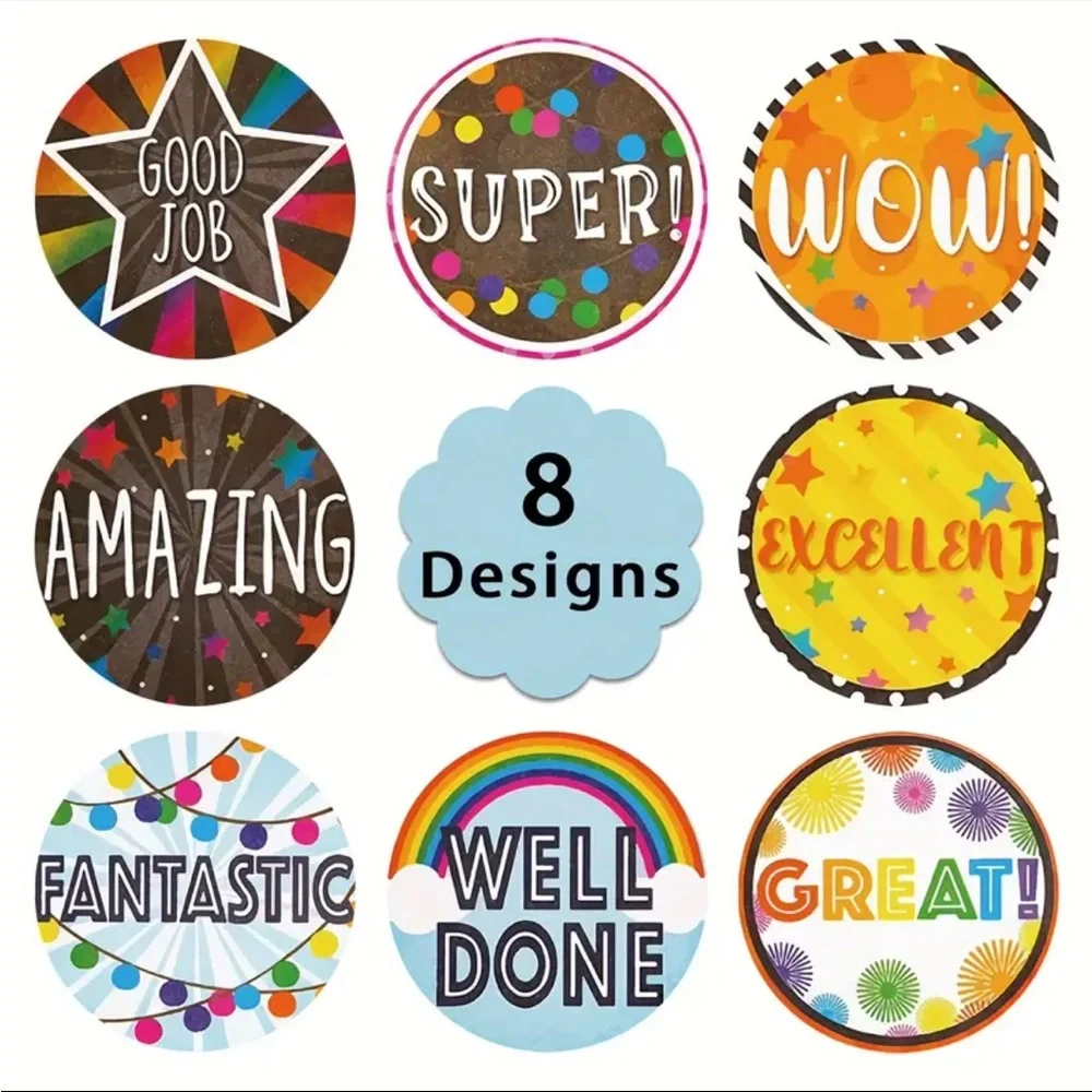 Roll of 500 Reward Stickers Bright Colors 8 Designs Good Job Super Amazing